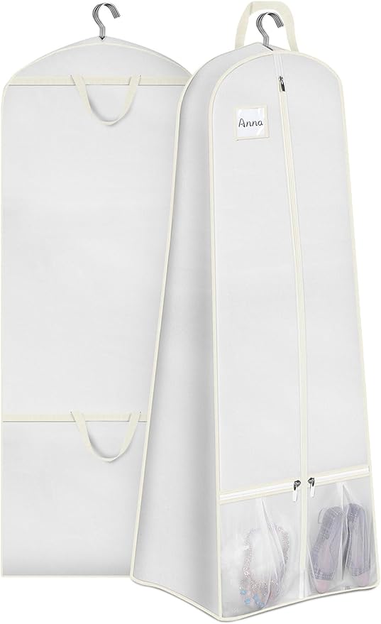 SLEEPING LAMB 72" Bridal Wedding Gown Dress Garment Bag 15" Gusseted Garment Cover Shoe Pockets Travel Garment Storage Bag for Prom, Evening Gowns, White