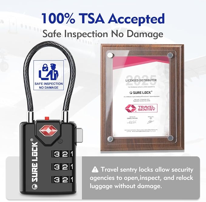 SURE LOCK TSA Approved Combination Luggage Locks with Open Alert Indicator – Durable Zinc Alloy Cable Travel Locks with Large Easy-Read Dials for Suitcases, Backpacks & Gym Bags（ Four Colour）