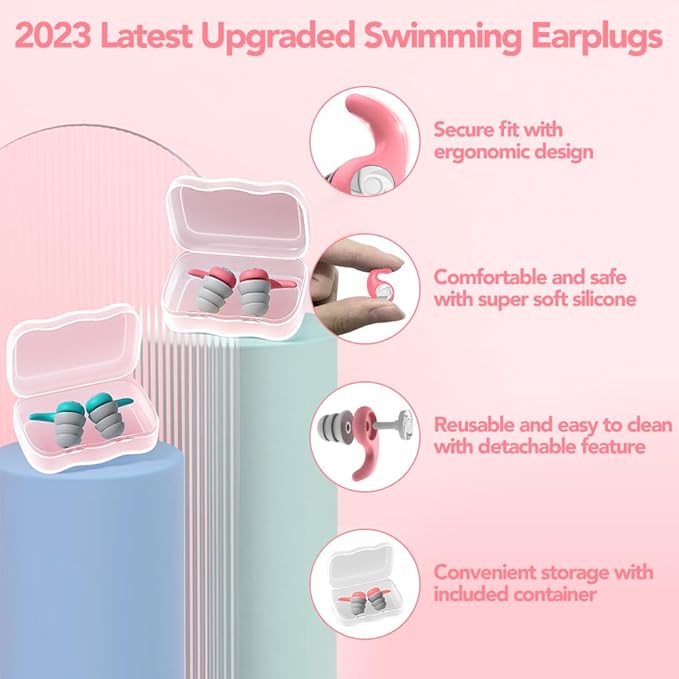 Waterproof Swimming Ear Plugs for Adults - 2 Pairs of Reusable Soft Silicone Swim Earplugs,Perfect for Surfing, Diving,Pool,Showering and Other Water Sports - Keep Water Out and Ear Protection