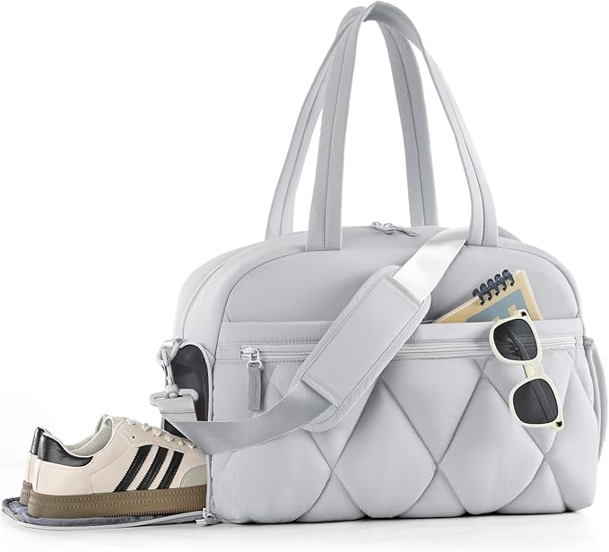 Gym Bag for Women, Puffer Travel Duffle Bag With Shoes Compartment & Wet Pocket, Carry On Tote Bag For Weekender, Overnight, Sport duffel bags for traveling (Grey, Medium)