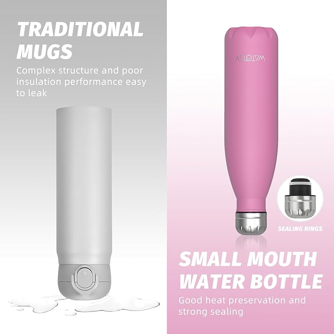 WATERSY Stainless Steel water bottles,17oz/500ml Insulated Water Bottles,Gloss Pink metal water bottle Keeps Drink Cold and Hot,BPA Free kids water bottles for School,Gym,Travel,Sports