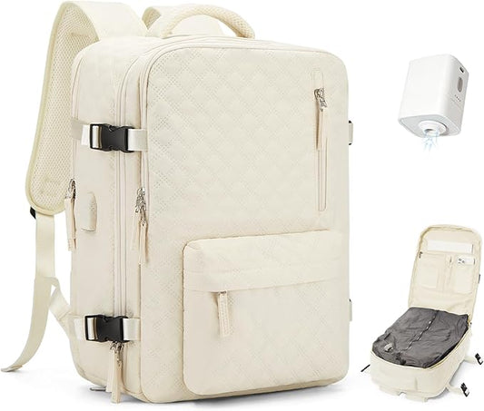 VECAVE Vacuum Travel Backpack with Pump for Women,Personal Item Carry on Backpacks Flight Approved 18x14x8 inches for Men,Laptop Waterproof Work Compression bags Casual Daypack Beige.