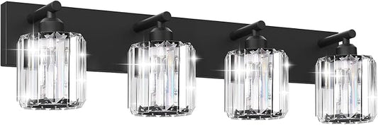 Black Crystal Bathroom Vanity Light, 4-Light Modern Bathroom Lighting Fixtures Over Mirror, Matte Black Wall Sconce Light Fixtures with Round Shade