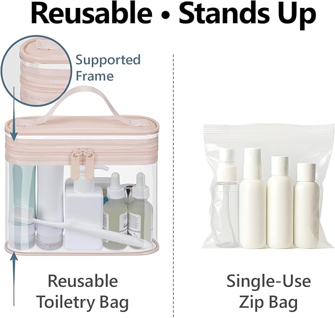 PACKISM Clear Toiletry Bag Combo Pack - 1 TSA Approved Medium & 1 Large Makeup Bag for Checked Luggage, Clear PVC Travel Bag with Handle, Dual Metal Zippers, Water Resistant Large Opening, Pink