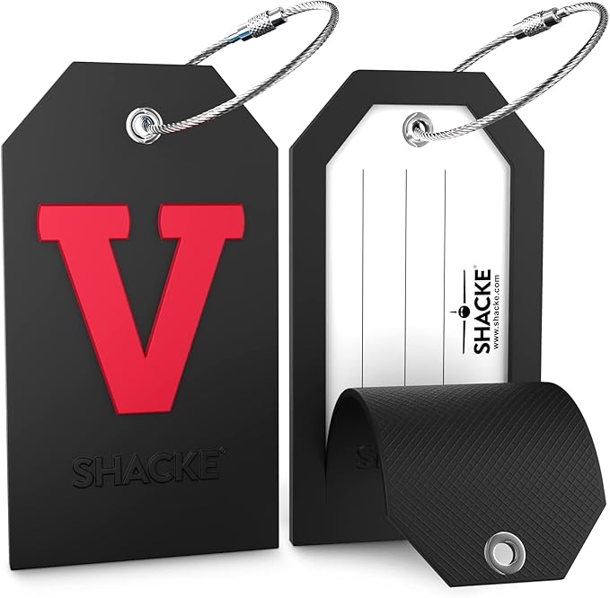 Shacke Initial Luggage Tag with Full Privacy Cover and Stainless Steel Loop - Black (Letter V)