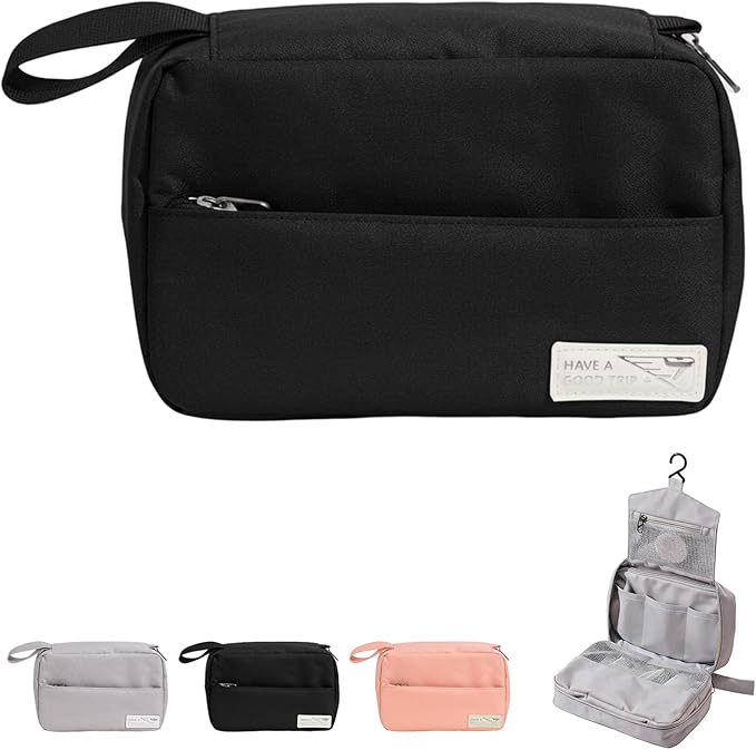 FabDay Travel Toiletry Bag with Hanging Hook Water-Resistant Cosmetic Case Makeup Bag Portable, Travel-Sized Container for Men, Black