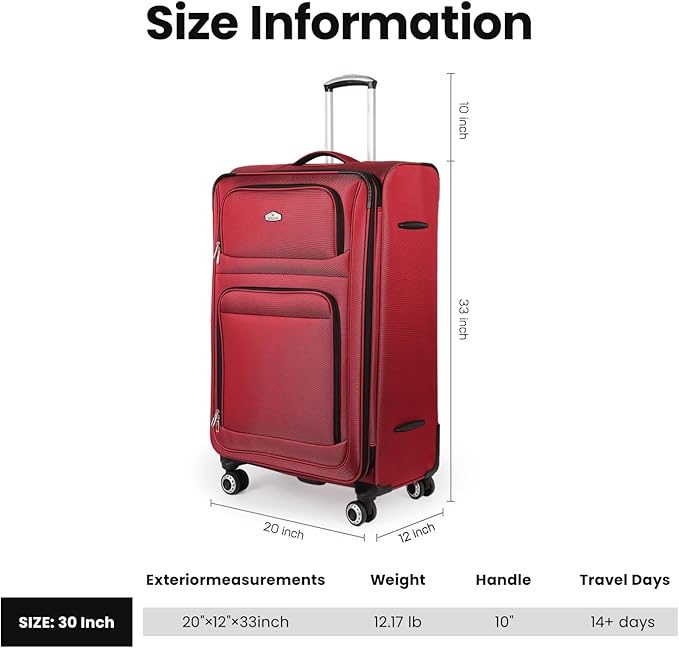 30'' Large Softside Suitcase,Expandable 15% Luggage,w/Double Spinner Wheels w/Combination LOCK,Lightweight Travel Suitcase for Travel（Red,30in）
