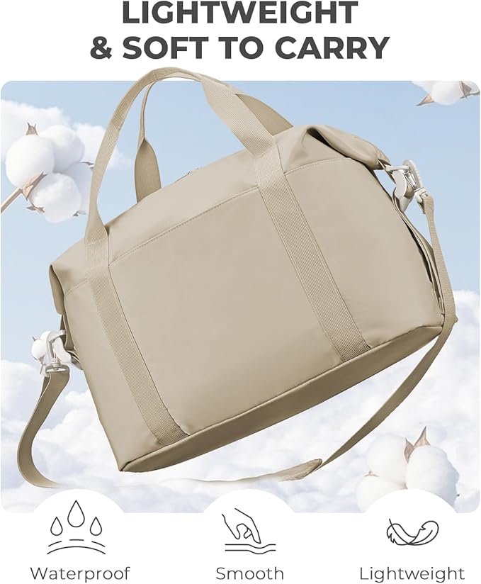 Percover Weekender Travel Duffel Bag for Women, Lightweight Soft-Structure 33L Carry-On, Water-Resistant Nylon with Shoulder Strap & Trolley Sleeve, Personal Item Friendly, Camel Tan