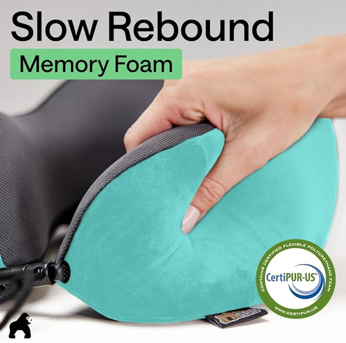 GORILLA GRIP Adjustable Travel Neck Pillow for Airplanes, CertiPUR-US® Memory Foam, Soft Velvet, Cooling Mesh Pillows, Support Headrest for Sleeping, Traveling Essentials, Flight Accessories Turquoise