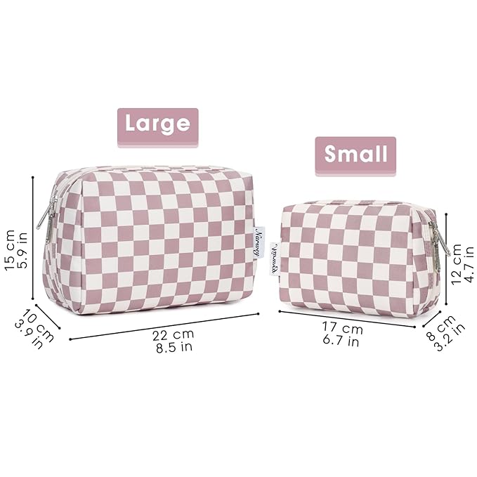 Narwey Checkered Makeup Bag Pink Travel Cosmetic Bag Organizer Toiletry Bag Make Up Bags with Compartments for Women Girls (Large, Dusty Rose Checkerboard)