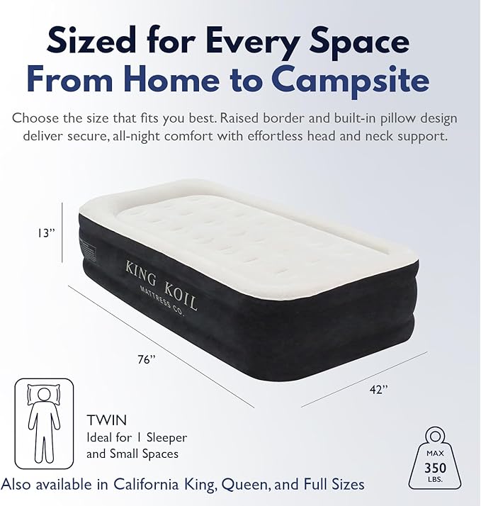 King Koil Plush Pillow Top Twin-Size Inflatable Air Mattress with Built-in High-Speed Pump for Camping, Home & Guests - Luxury Twin Airbed Blow Up Mattress Waterproof, 1-Year Warranty
