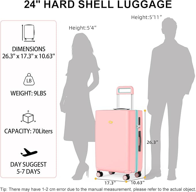 24 Inch Medium Checked Luggage,Hardside Rolling Suitcase with 4 Spinner Wheels & TSA Approved Lock,PC Hard Case Lightweight Carry Luggage for Women