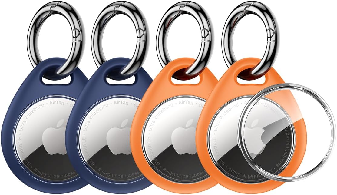 UNBREAKcable AirTag Holder for Apple - 4 Pack Air Tag Case [Fit Tightly Design] [Easy to Install] [Hold Securely] Waterproof TPU Protective Cover with Metal Keychain for Kids,Pet,Luggage,Backpack,Keys