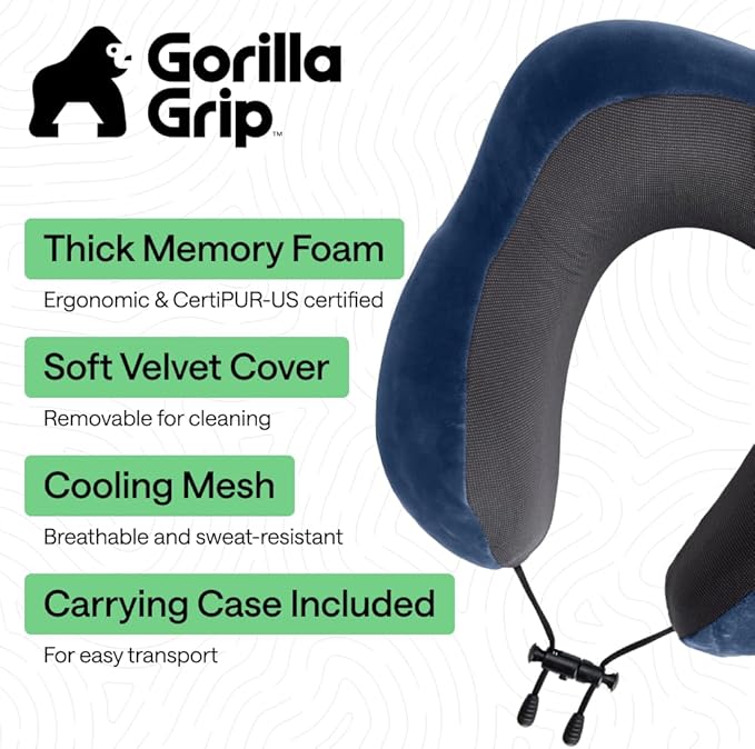 GORILLA GRIP Adjustable Travel Neck Pillow for Airplanes, CertiPUR-US® Memory Foam, Soft Velvet, Cooling Mesh Pillows, Support Headrest for Sleeping, Traveling Essentials Flight Accessories Navy Blue