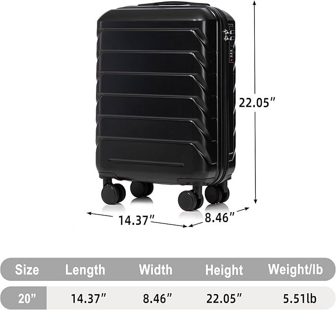20 Inch Carry On Luggage, Lightweight ABS Hard Shell Suitcase with Spinner Wheels, Durable Travel Luggage with Combination Lock & Side Hooks for Men Women, Black