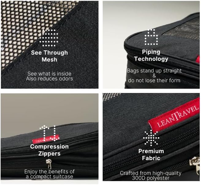 LeanTravel Premium Compression Packing Cubes for Travel - Suitcase Organizer Bags with Double Zipper & Breathable Mesh Panel - Space Saving Carry On Luggage Essentials (4-Pack, Black)