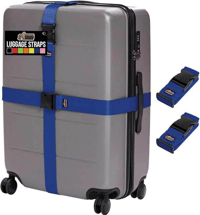 GORILLA GRIP Heavy Duty Adjustable Luggage Straps for Suitcases, Easy to Identify Travel Belt Connector Holds Suitcase Together, Extends Life of Bag, Strap Connects Two Bags, Accessories 2 Pack Blue