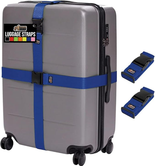 GORILLA GRIP Heavy Duty Adjustable Luggage Straps for Suitcases, Easy to Identify Travel Belt Connector Holds Suitcase Together, Extends Life of Bag, Strap Connects Two Bags, Accessories 2 Pack Blue