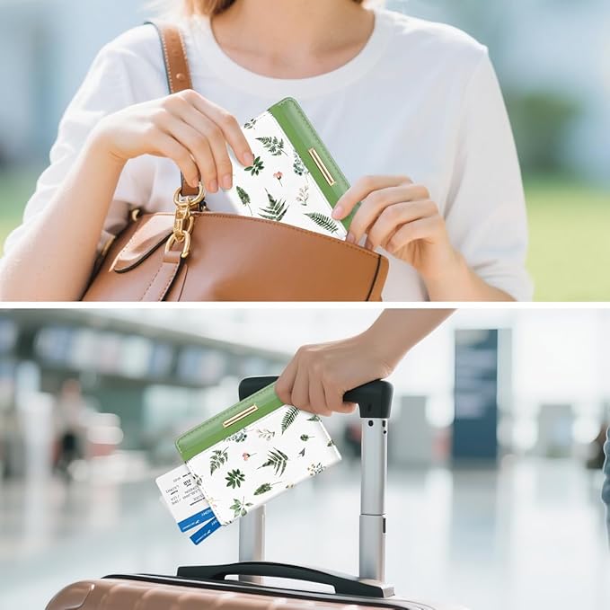 Passport Holder Cover Travel RFID Blocking Passport Cover Cute Flowers Passport Wallet with Elastic Band for Women, Green Plants