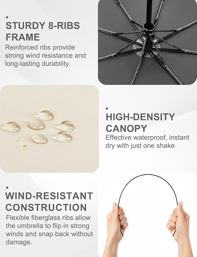 SoulRain Travel Umbrella - Compact Umbrella for Rain - Perfect Large Auto Folding Umbrella - Ideal Car umbrella, Small umbrella, and Travel Companion