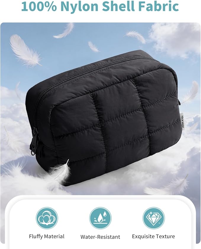 Narwey Quilted Makeup Bag for Women Girl, Puffer Travel Cosmetic Bag Puffy Make Up Bag Organizer, Cute Travel Toiletry Bag for Toiletries (Black)