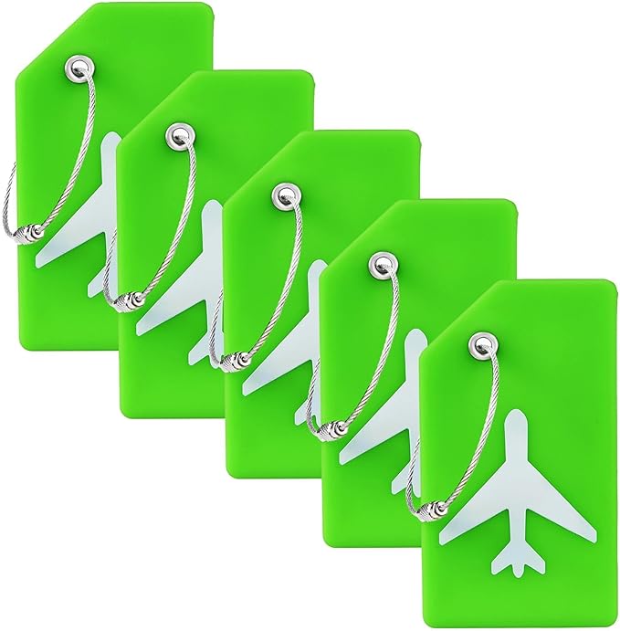 5 Pack Silicone Luggage Tag for Suitcases with Stainless Loop, TSA Approved, Privacy Protection Travel Essentials Bag Tags by Gostwo, Green