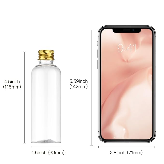 Tekson Plastic Travel Size Bottles 3.4 oz, Mouthwash Bottle, Refillable Containers for Cosmetic with Gold Screw Cap for Travel Essentials (100ml, Clear)