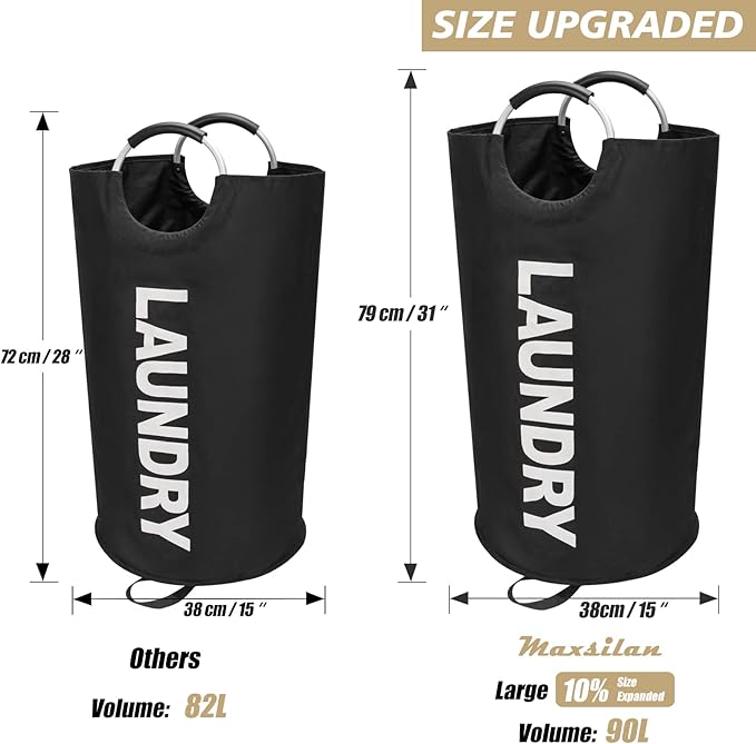 90L Large Laundry Basket, Freestanding Tall Clothes Hamper, Collapsible Laundry Bag, Black