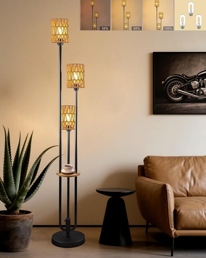 Lightdot Dimmable Boho Floor Lamps for Living Room 3-Lights 3000K Rattan Floor Lamp with Shelves Farmhouse Floor Lamp Rustic Black Standing Lamp with 5Lbs Heavy Base for Sofa Beside/Corner Decor