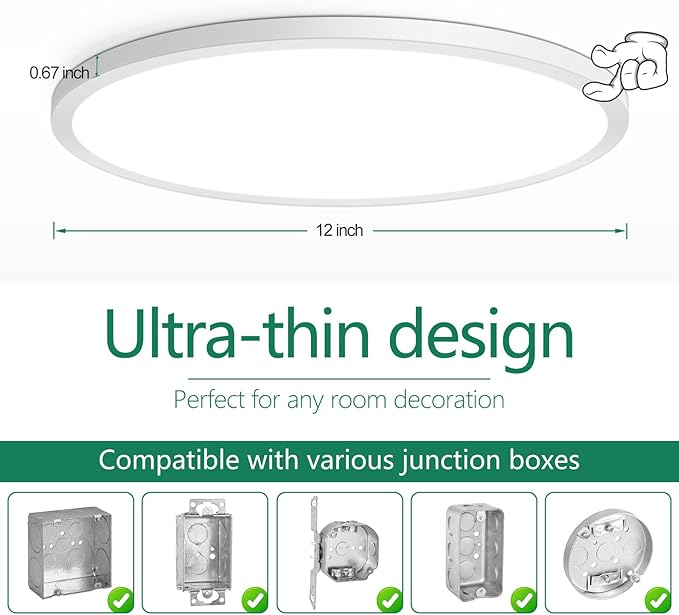 12 Inch LED Flush Mount Ceiling Light Fixture, Dimmable, 3200LM | 24W 2700K/3000K/4000K/5000K/6500K Selectable Super Slim Low Profile Ceiling Lamp for Kitchen, Bedroom, Closet, White 6Pack