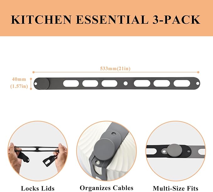 3-Pack Silicone Latch Strap for Slow Cooker Lid, Pot, Bento Box, Adjustable Length and Reusable Elastic Self-Lock Silicone Tie for Bundling or Organizing Curtain, Cords, Yoga Mat, Camping Mat (21 in)