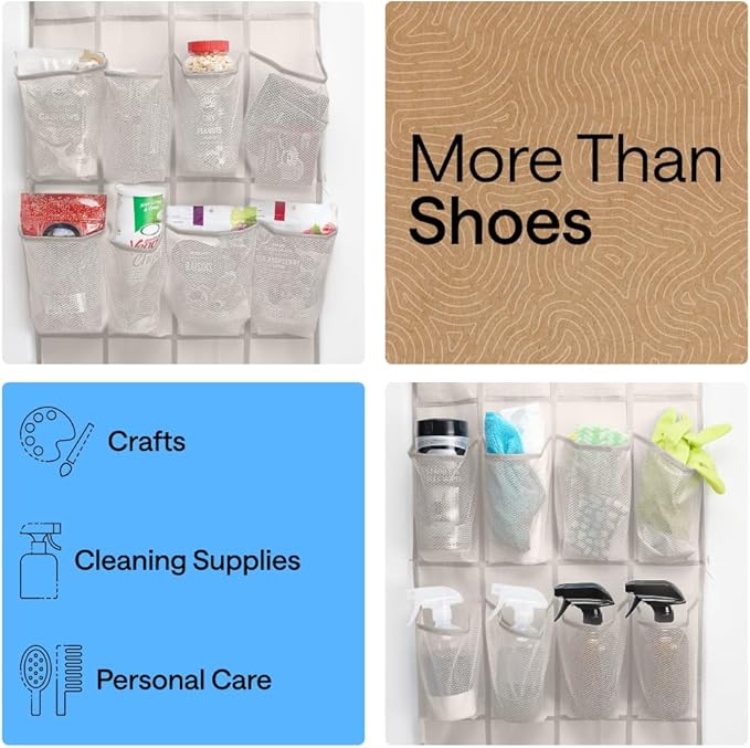 GORILLA GRIP Over the Door Shoe Organizer, 24 Large Breathable Mesh Pockets, Space Saving Hanging Storage Holder, Closet Rack Hanger Holds Up to 40 lbs, Hangs on Closets for Shoes, Accessories, Linen