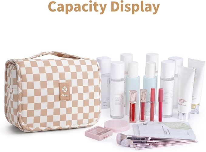 Narwey Small Hanging Travel Toiletry Bag for Traveling Women, Checkered Travel Bag for Toiletries, Makeup Bag Organizer Make Up Cosmetic Bags (Light Brown Checkerboard)