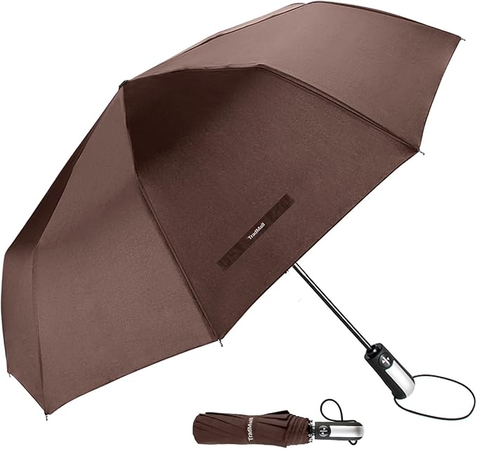 TradMall Travel Umbrella Windproof with 46 Inches Large Canopy 10 Reinforced Fiberglass Ribs Ergonomic Handle Auto Open & Close, Brown