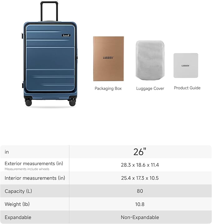 LUGGEX Top Opening Checked Luggage 26 Inch, FLA Aluminum Frame Trunk Style Luggage, Polycarbonate Hard Shell Suitcase (FX-Enhance, Blue, 80L)