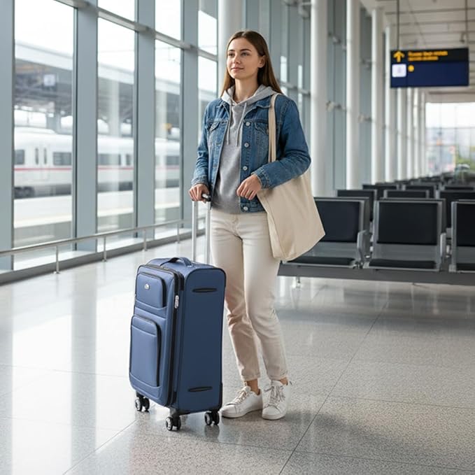 26" Luggage Softside Expandable 15% Checked Luggage with Double Spinner Wheels Combination LOCK,Lightweight Travel Suitcase for Men/Women（Blue,26in）