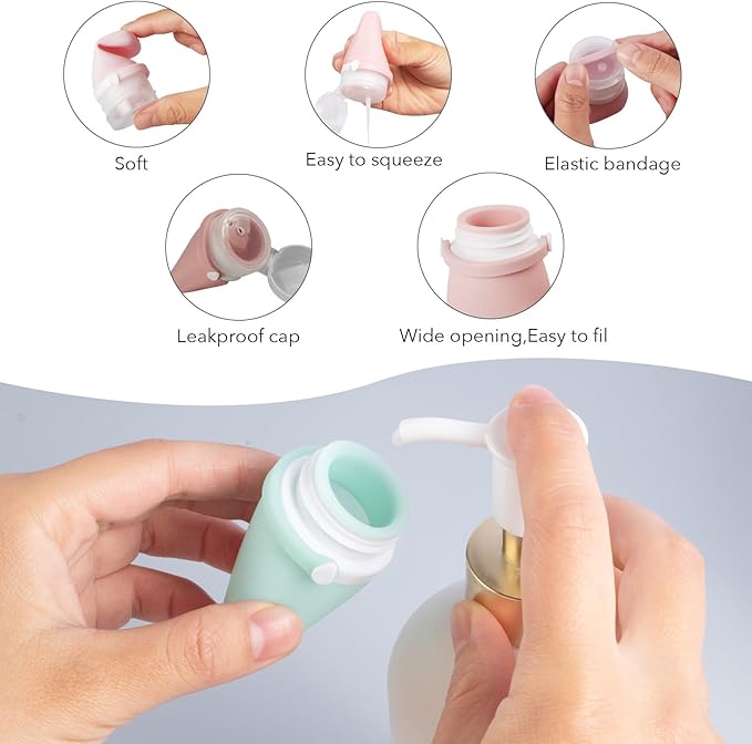 1oz Travel Bottles for Toiletries, Silicone Leak-Proof TSA Approved Travel Size Containers (4-Pack) - Reusable Refillable Bottles for Shampoo, Body Wash, Lotion