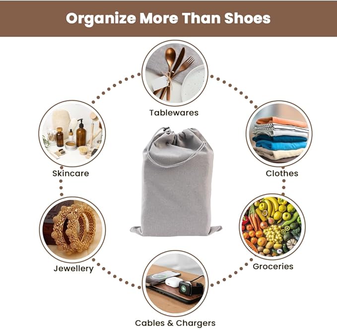 LFH Cotton Rich Shoe Storage Bags with Drawstring, Dustproof Breathable Reusable Organizer, Perfect For Travel, Dorm, Hotel, College, Gym, Easy to Carry, Machine Washable 12"x17" (Pack of 4) - Grey