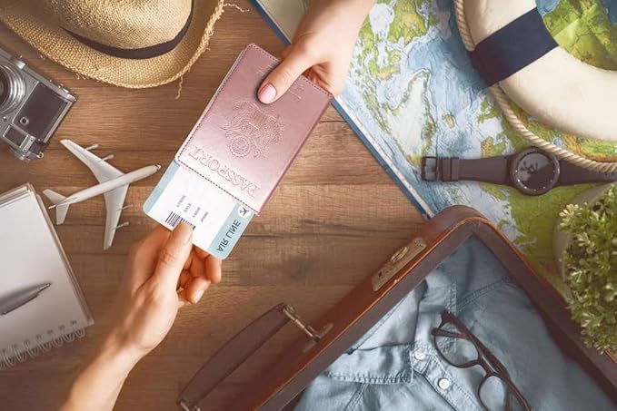Passport Holder Cover Wallet Case RFID Blocking Leather Card Slot Travel Accessories Documents Organizer Protector for Women Men, Rose Gold