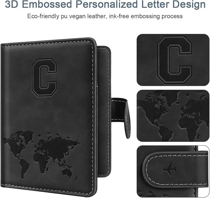 Passport Holder Wallet Cover Personalized Letter A-Z Travel Wallet RFID Blocking Passport Cover Wallet Case for Travel Passport Book Holders for Women and Men, Black-C