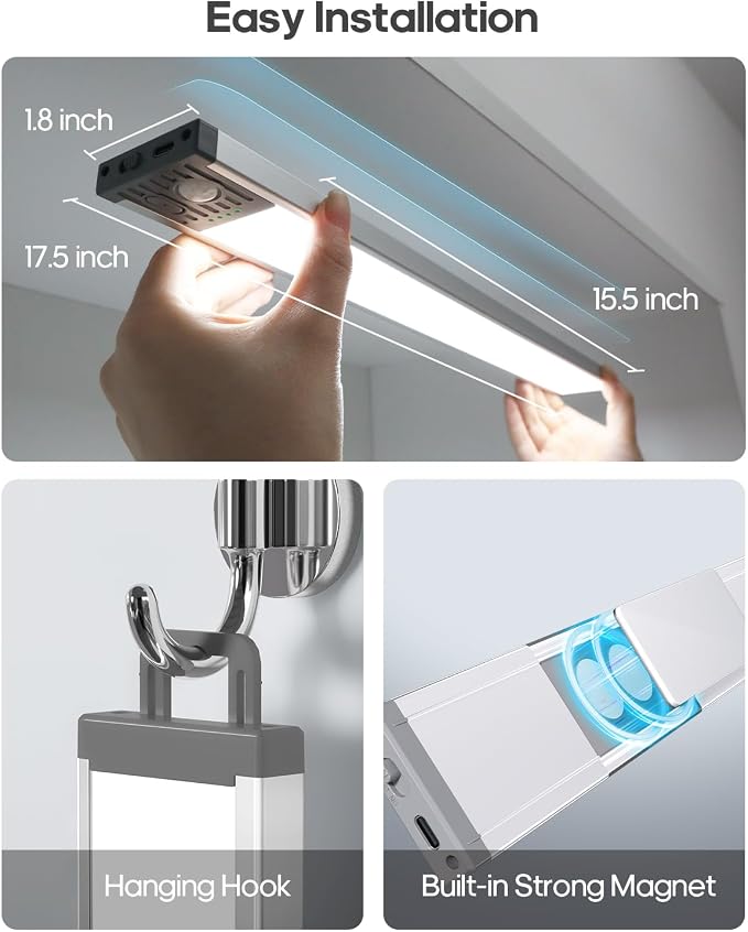 17.5inch Under Cabinet Lighting, 4500Mah Motion Sensor Light Indoor, 4 Pack | Rechargeable Battery Operated Under Cabinet Lights, 3Color Temps, Dimming, Wireless, Under Counter Light for Kitchen, Closet