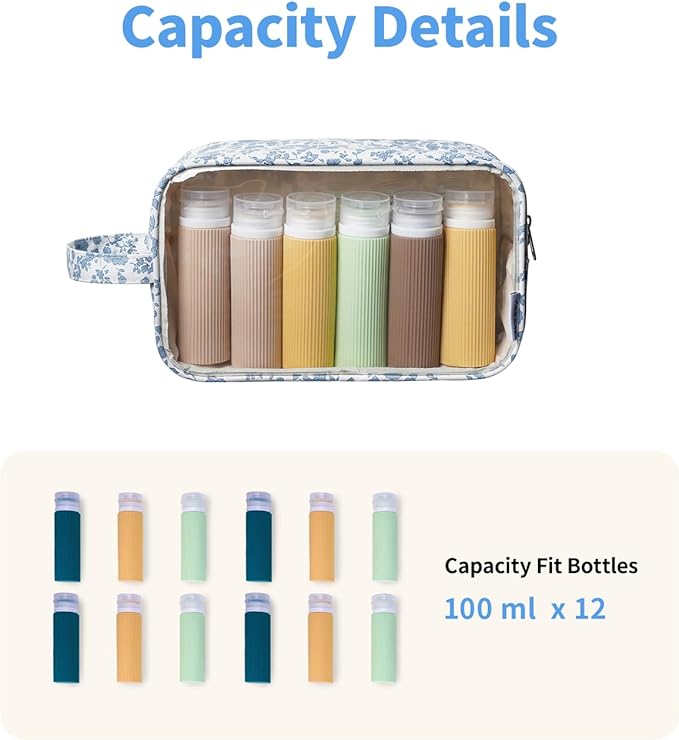 Narwey Clear Toiletry Bags for Traveling Women Men, Clear Travel Bags for Toiletries Makeup Bag Cosmetic Bag with Zipper, Make Up Organizer, Skincare Bag (Blue Flower)