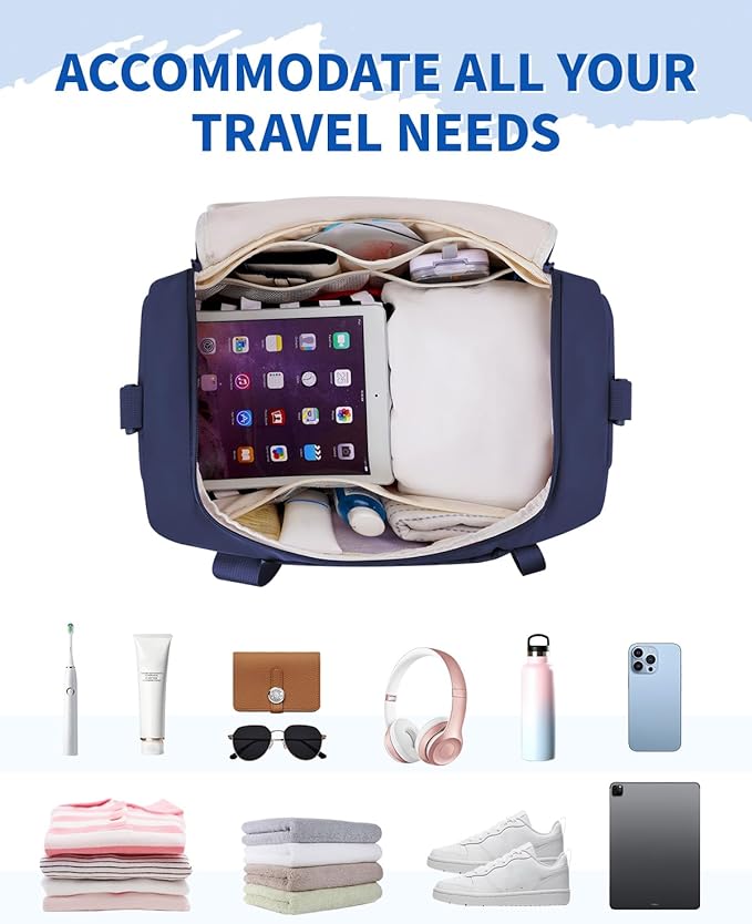 WANDF Travel Duffel Bag with Wet Pocket & Shoe Compartment, 18x14x8 Personal Item Bag with USB Charging Port, Water-Resistant Gym Weekender Overnight Carry-on for Women Men (Blue)