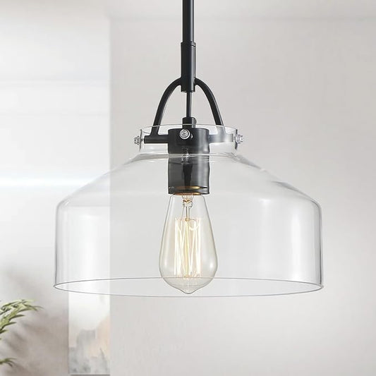 WUZUPS Chandelier Rustic Farmhouse Industrial Round Ceiling Pendant LED Light Fixture with Clear Glass Shades for Dining Room Kitchen Island Foyer Entryway, H 9.4" x W 10.6", E26 Base, Black