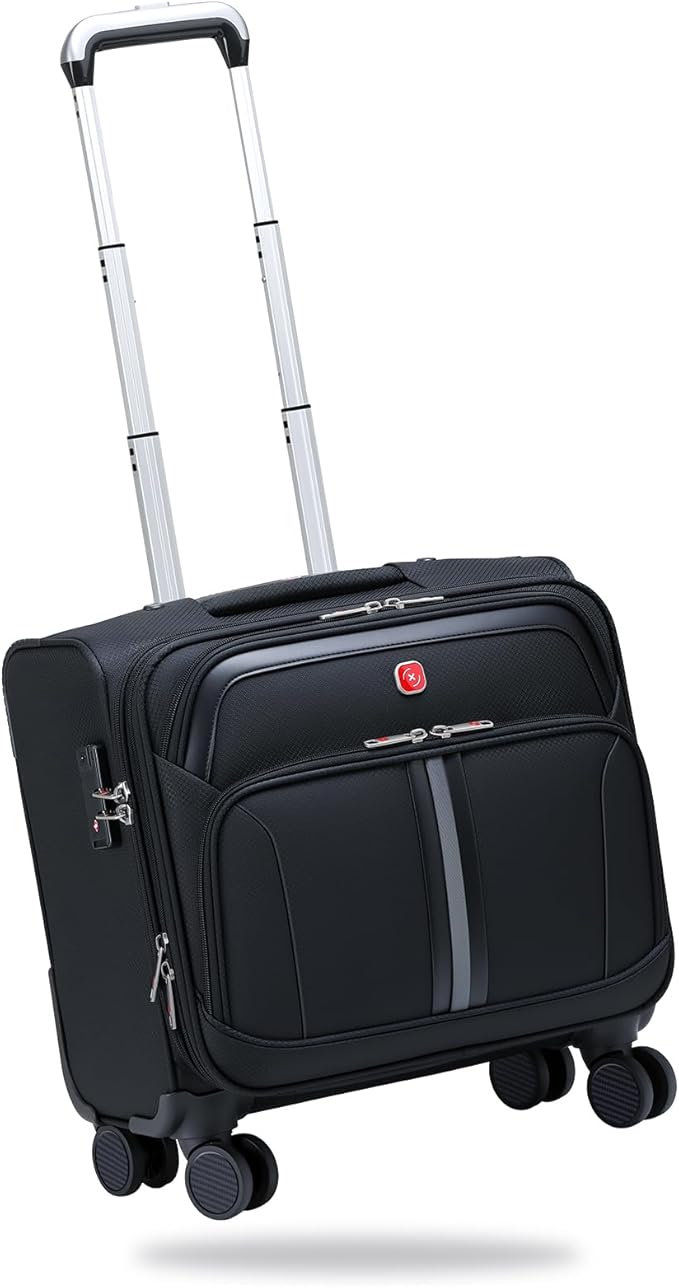 Underseat Carry-On Luggage Lightweight Rolling Tote Bag with 4 Spinner Wheels (Black, 16-Inch)