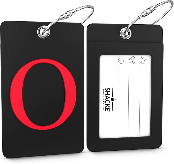 Shacke Luggage Tag Initial - Fully Bendable Tag w/Stainless Steel Loop - Black (Letter O)