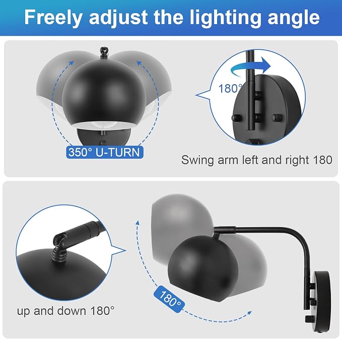 VATONI Plug in Wall Sconces, Dimmable Wall Sconce Swing Arm Wall Lights with Plug in Cord and Dimmer On/Off Knob Switch, Black Globe Wall Light for Bedside Bedroom Bathroom(1 Bulb Included)
