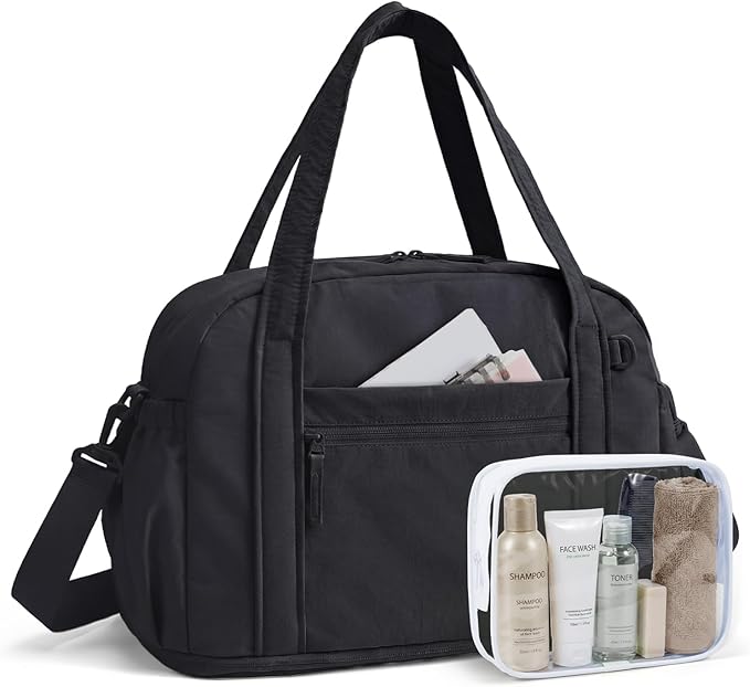 BAGSMART Expandable Personal Item Travel Bag, Lightweight Gym Bag for Women, 24L Weekender Travel Duffle with Toiletry Bag, Carry on Overnight Duffel, Black
