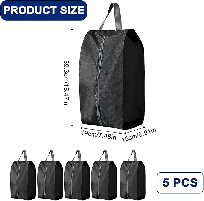 5Pcs Large Travel Shoe Bags Portable Travel Gifts Shoe Organizer with Zipper Closure, Waterproof Nylon Shoe Storage Organizer with Handle Travel Bags For Men and Women, Black