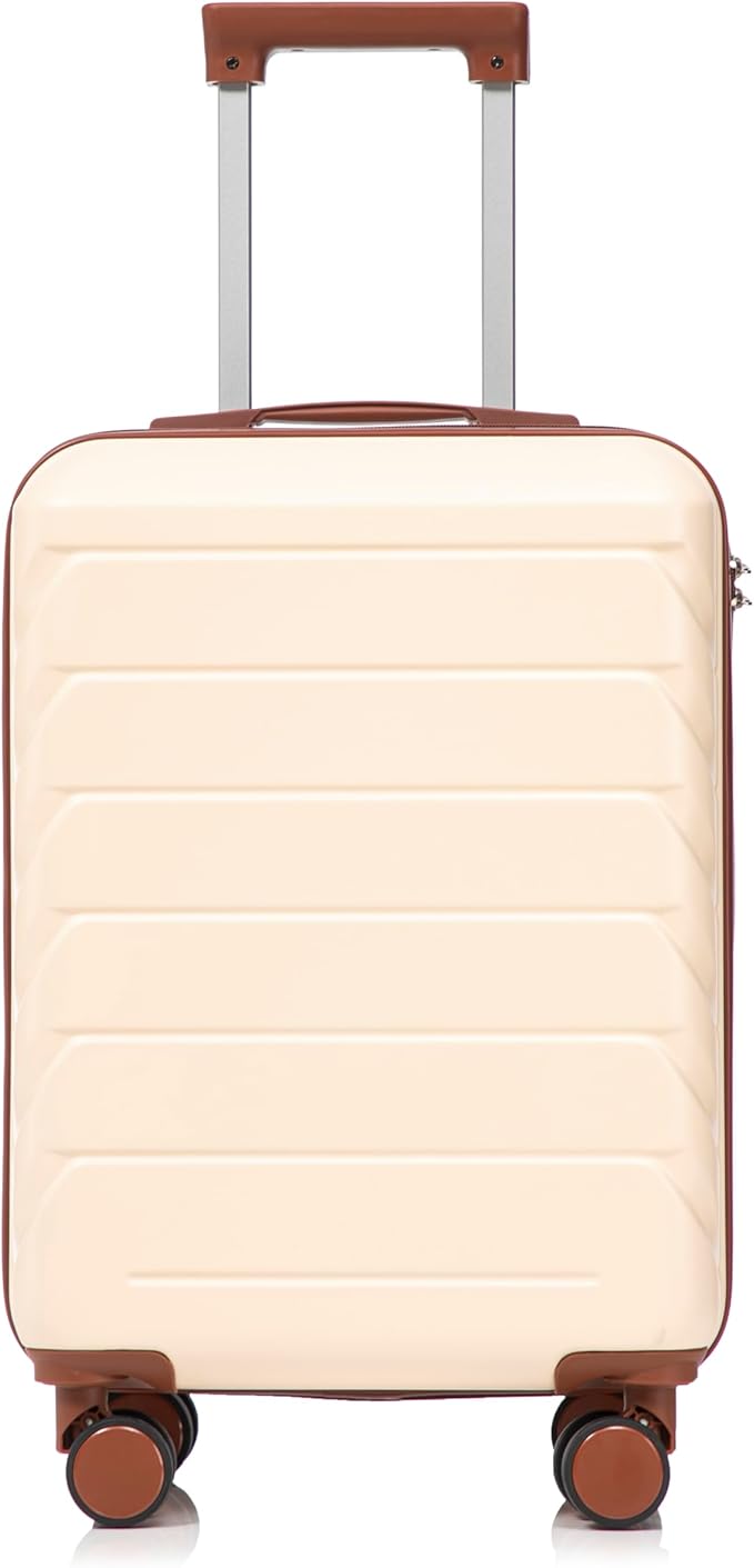 20 Inch Carry On Luggage, Lightweight ABS Hard Shell Suitcase with Spinner Wheels, Durable Travel Luggage with Combination Lock & Side Hooks for Men Women, Beige